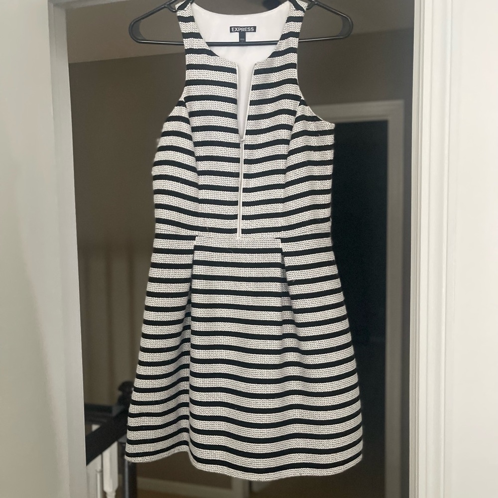 Black and white striped, tweed a-line Express dress